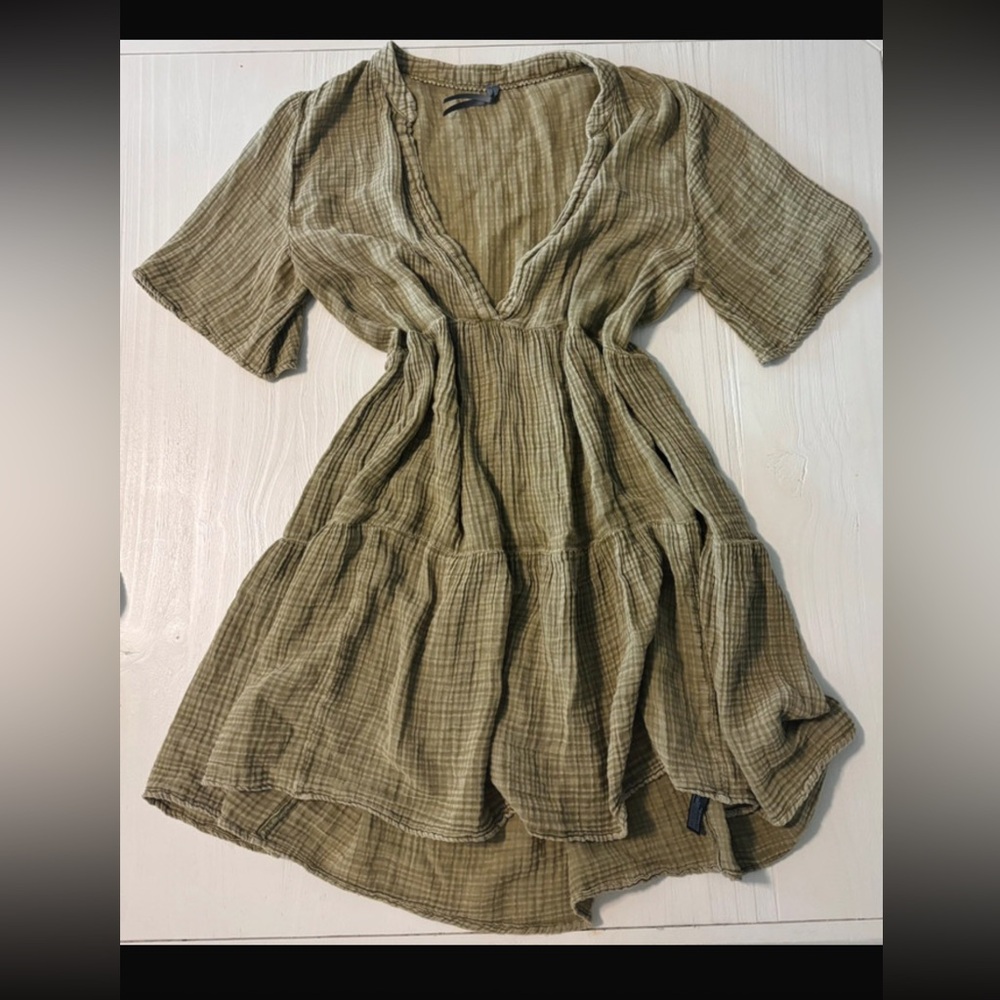 Anthropologie Olive Green Crinkled V-Neck Tiered Mini Dress